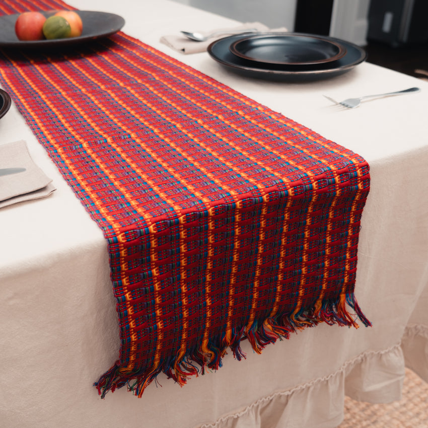 Red with Multicolor Rainbow Accents Guatemalan Table Runner