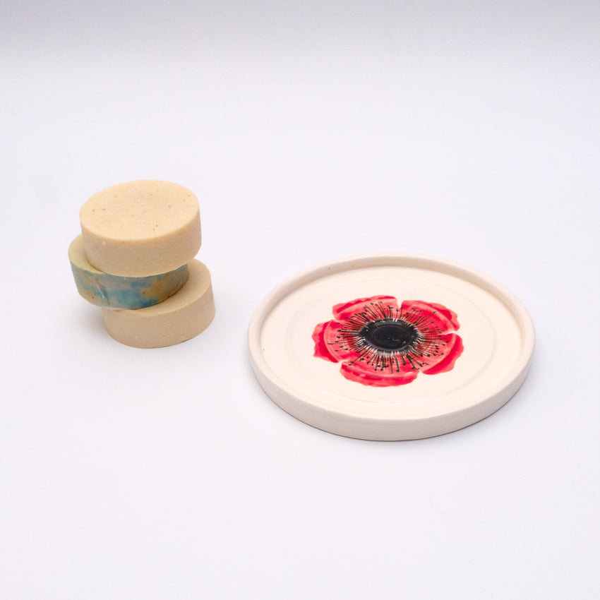 Red Poppy Ceramic Soap Dish and Floral Soap Bundle