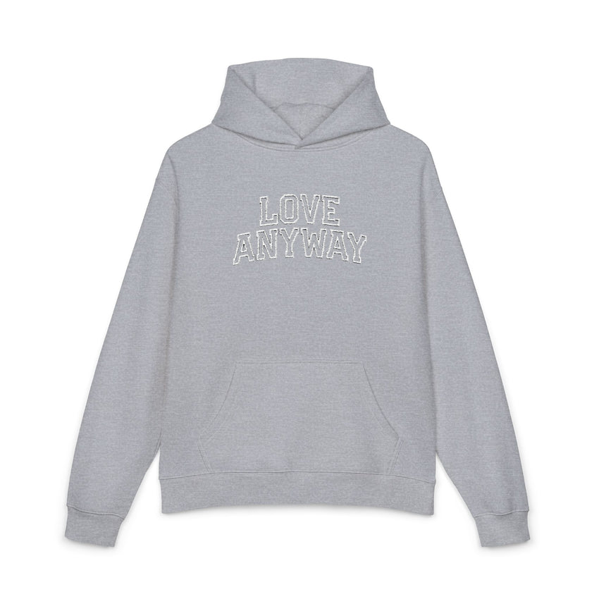 "Love Anyway" White Collegiate Embroidered Relaxed Hoodie