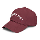 "Love Anyway" Upside Down White Embroidered Garment Washed Baseball Cap