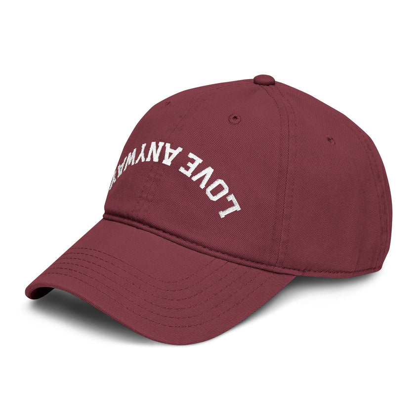 "Love Anyway" Upside Down White Embroidered Garment Washed Baseball Cap