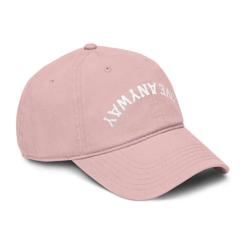 "Love Anyway" Upside Down White Embroidered Garment Washed Baseball Cap