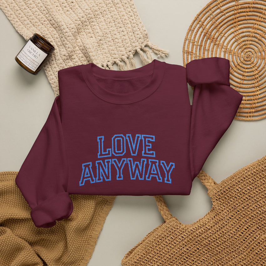 "Love Anyway"  Collegiate Royal Blue Embroidered Unisex Crewneck Sweatshirt