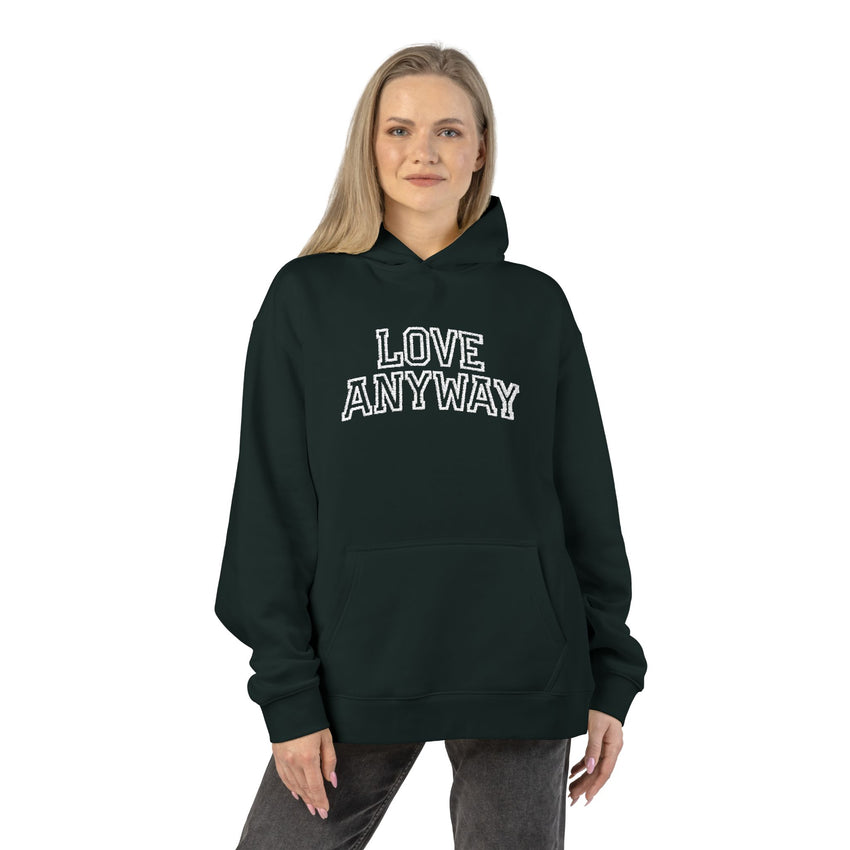 "Love Anyway" White Collegiate Embroidered Relaxed Hoodie