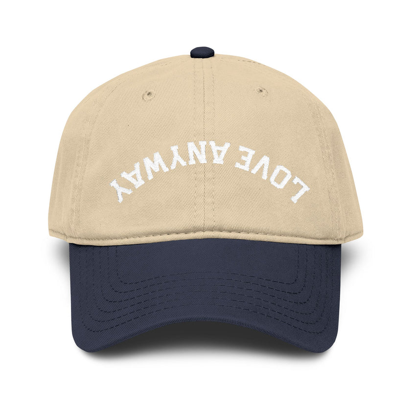"Love Anyway" Upside Down White Embroidered Garment Washed Baseball Cap