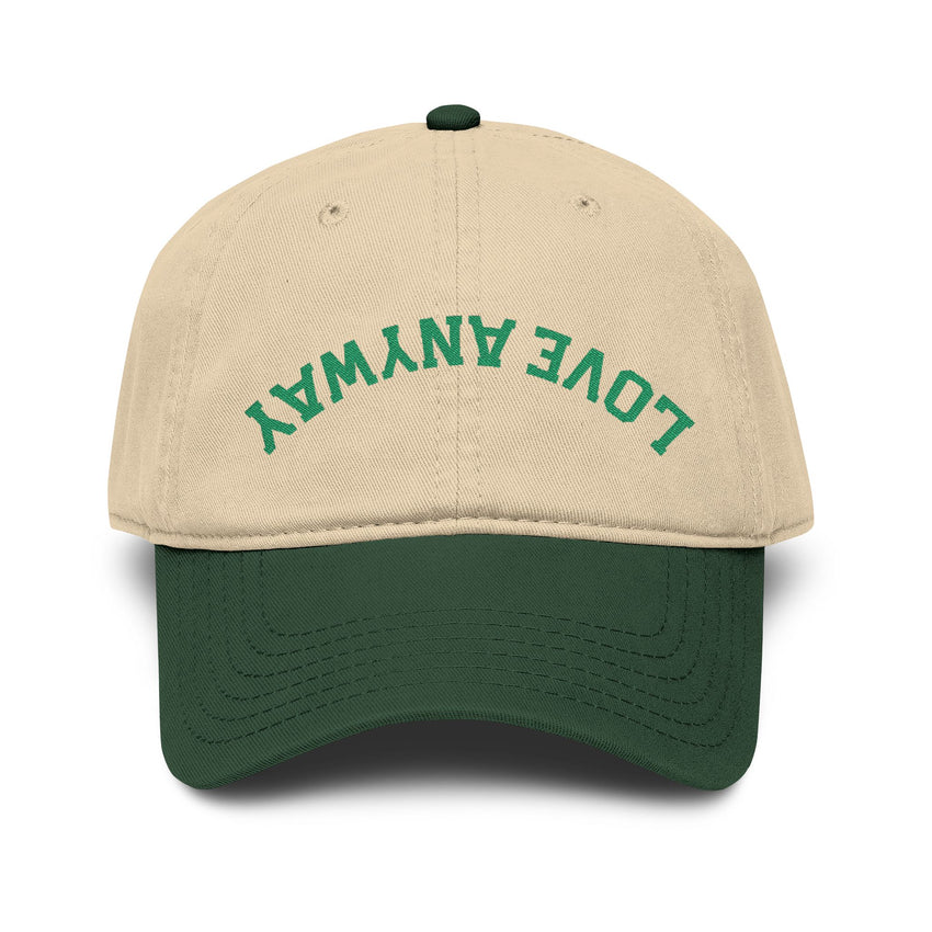 "Love Anyway" Upside Down Embroidered Green & Khaki Garment Washed Baseball Cap
