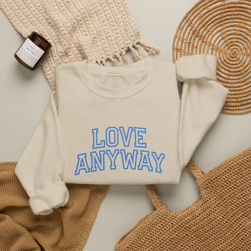 "Love Anyway"  Collegiate Royal Blue Embroidered Unisex Crewneck Sweatshirt