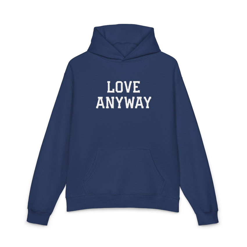 "Love Anyway" White Embroidered Relaxed Hoodie