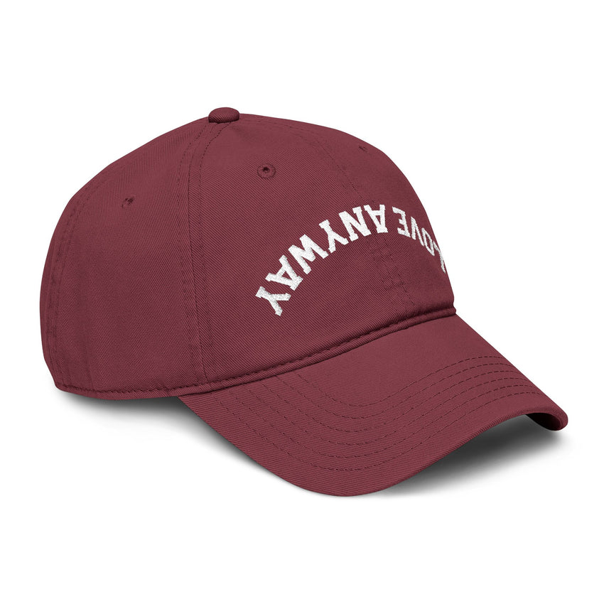 "Love Anyway" Upside Down White Embroidered Garment Washed Baseball Cap