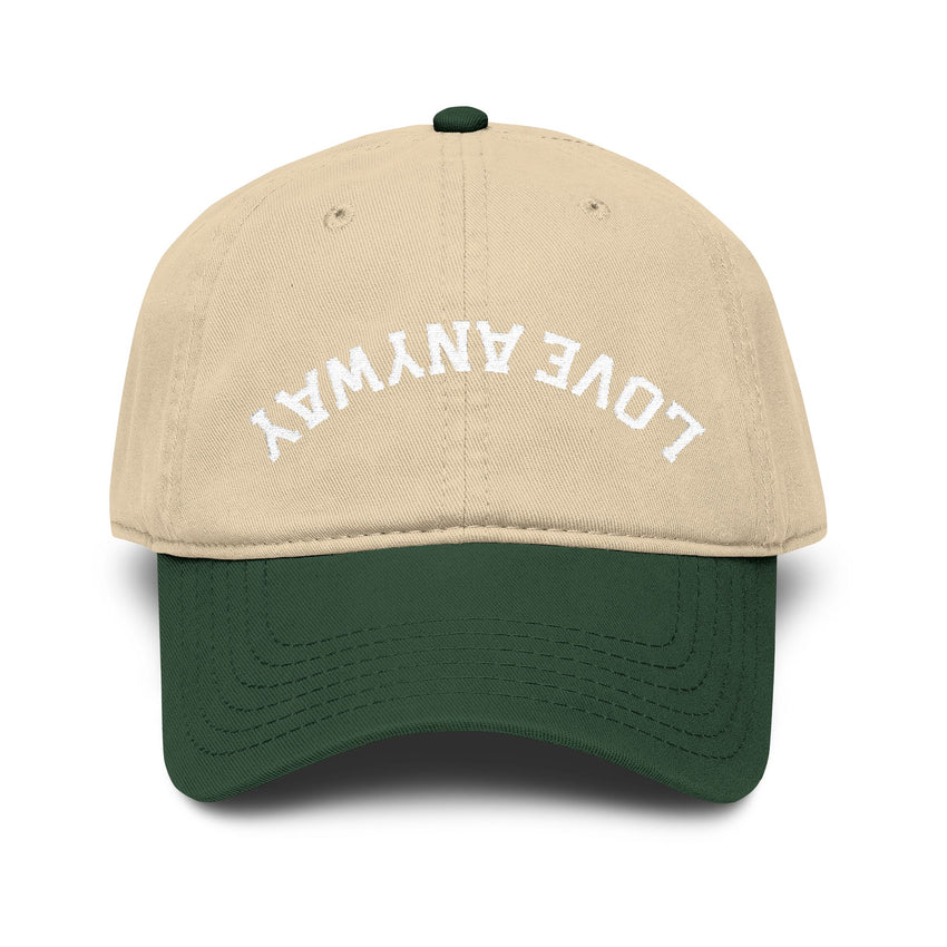 "Love Anyway" Upside Down White Embroidered Garment Washed Baseball Cap