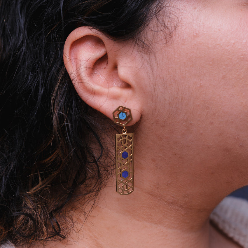 Lapis Lazuli and Turquoise Brass Lattice Earrings
