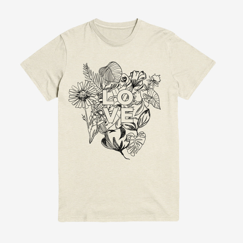 Beautiful sketched floral botanical art with Love Script unisex shirt