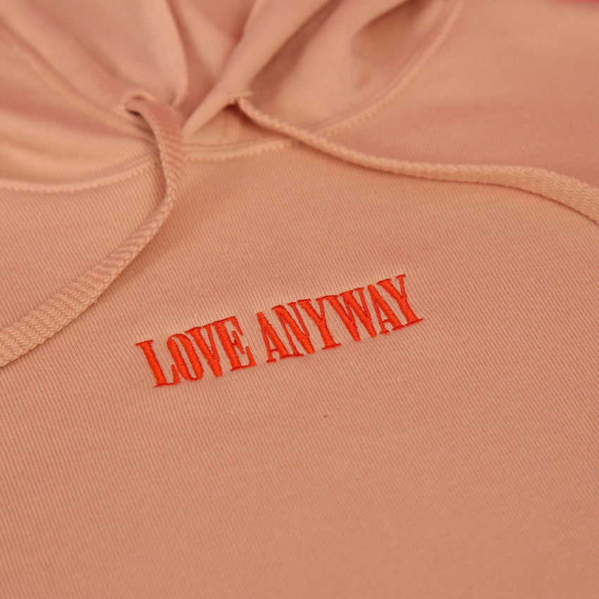 "Love Anyway" Embroidered Crop Top Hoodie, Peach