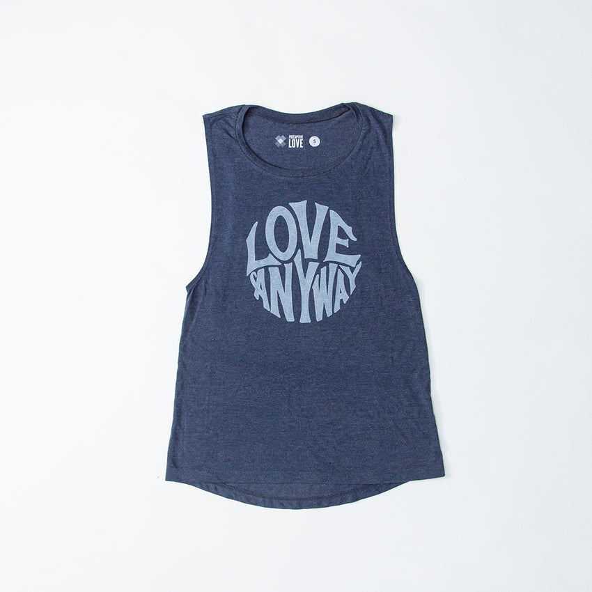 "Love Anyway" Navy Flowy Muscle Tank Top