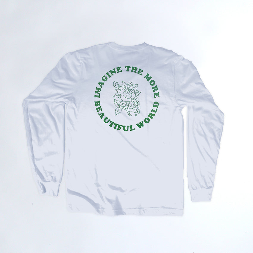 "Imagine the More Beautiful World" Unisex Long Sleeve T-Shirt, White & Green